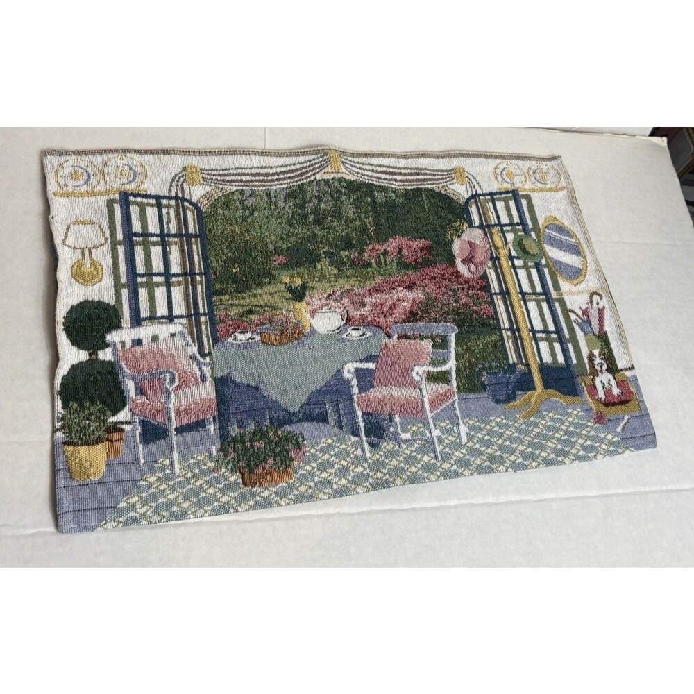 Vintage Woven Tapestry Placemat French Garden Patio Cat Cottage 18.5x12